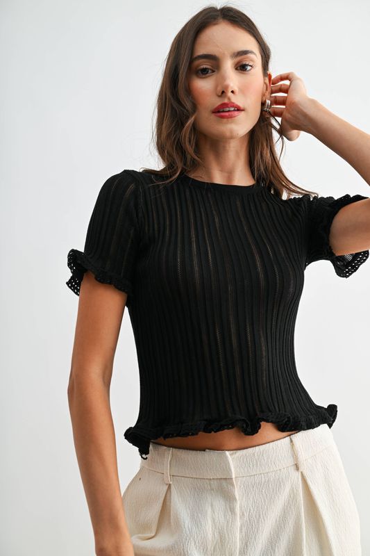 Ribbed Short Sleeve Knit Top with Ruffle Trim