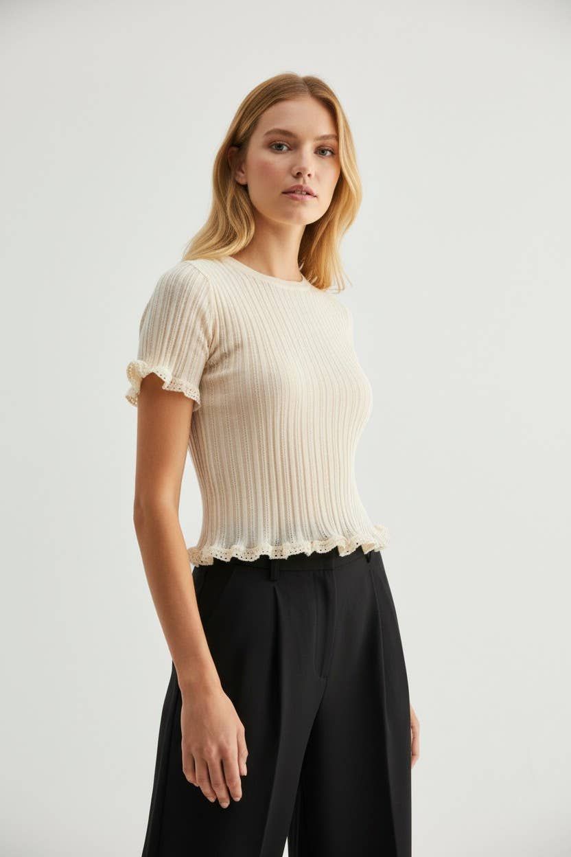 Ribbed Short Sleeve Knit Top with Ruffle Trim, Color: CREAM, Size: Small