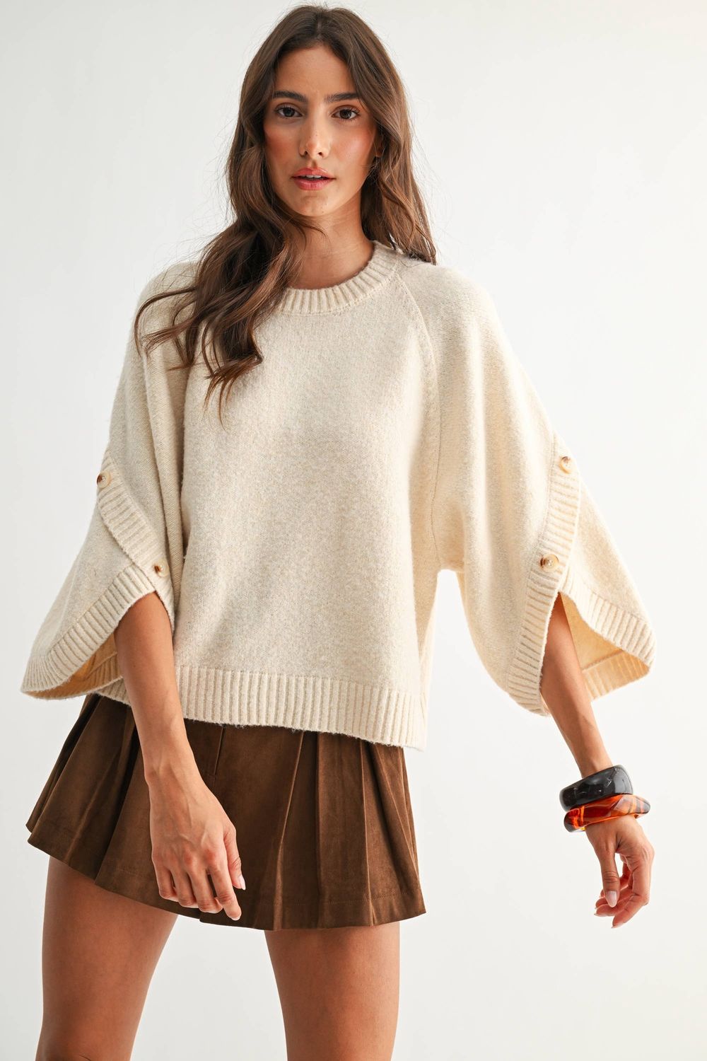 BUTTON SLEEVE KNIT PULLOVER, Color: CREAM, Size: S