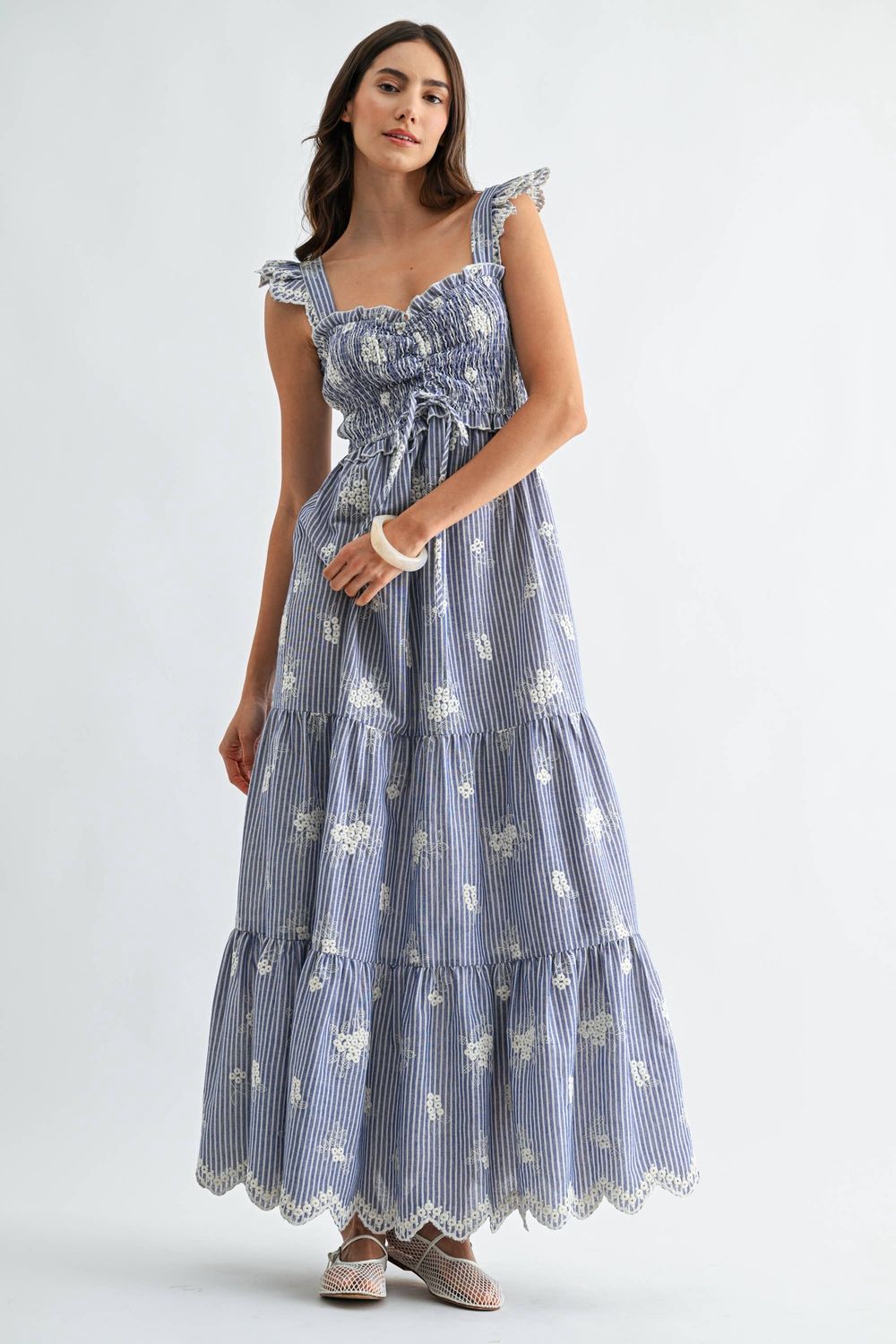 Embroidered Striped Maxi Dress Ruffle Straps, Color: BLUE, Size: S