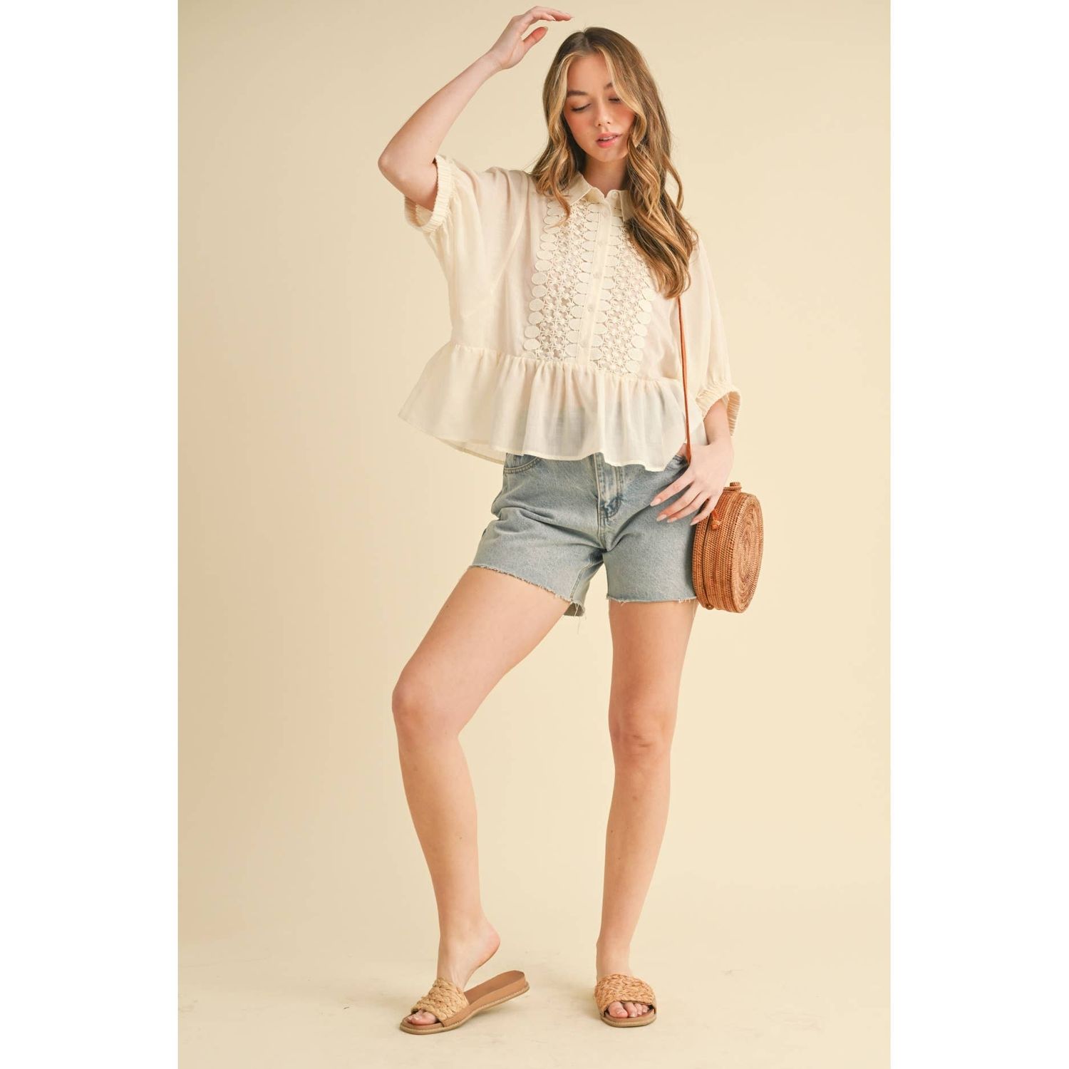 LACE TRIMMED BUTTON BLOUSE, Color: CREAM, Size: Small