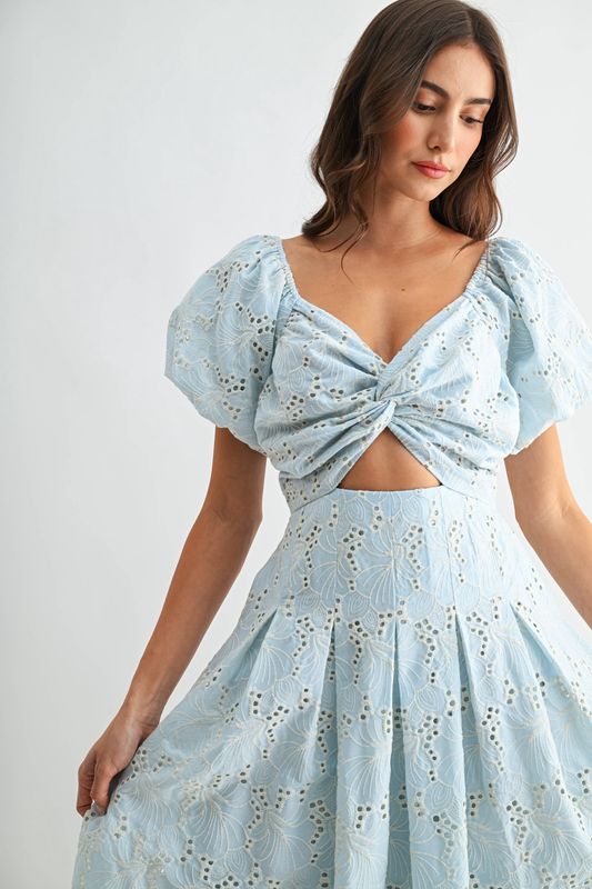 Eyelet Puff Sleeve Maxi Dress with Twist Front
