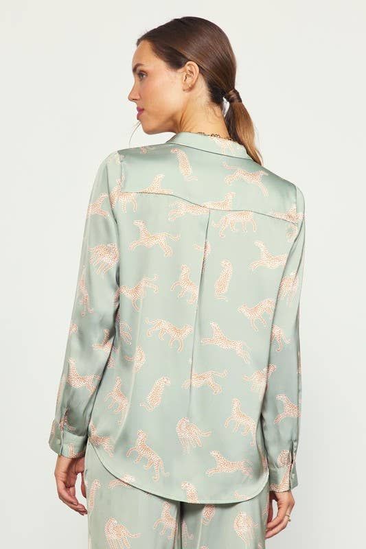 Satin Leopard Print Button-Up Blouse, Color: Sage, Size: L