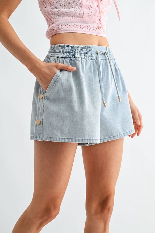 Light Wash Denim Drawstring Shorts Side Buttons