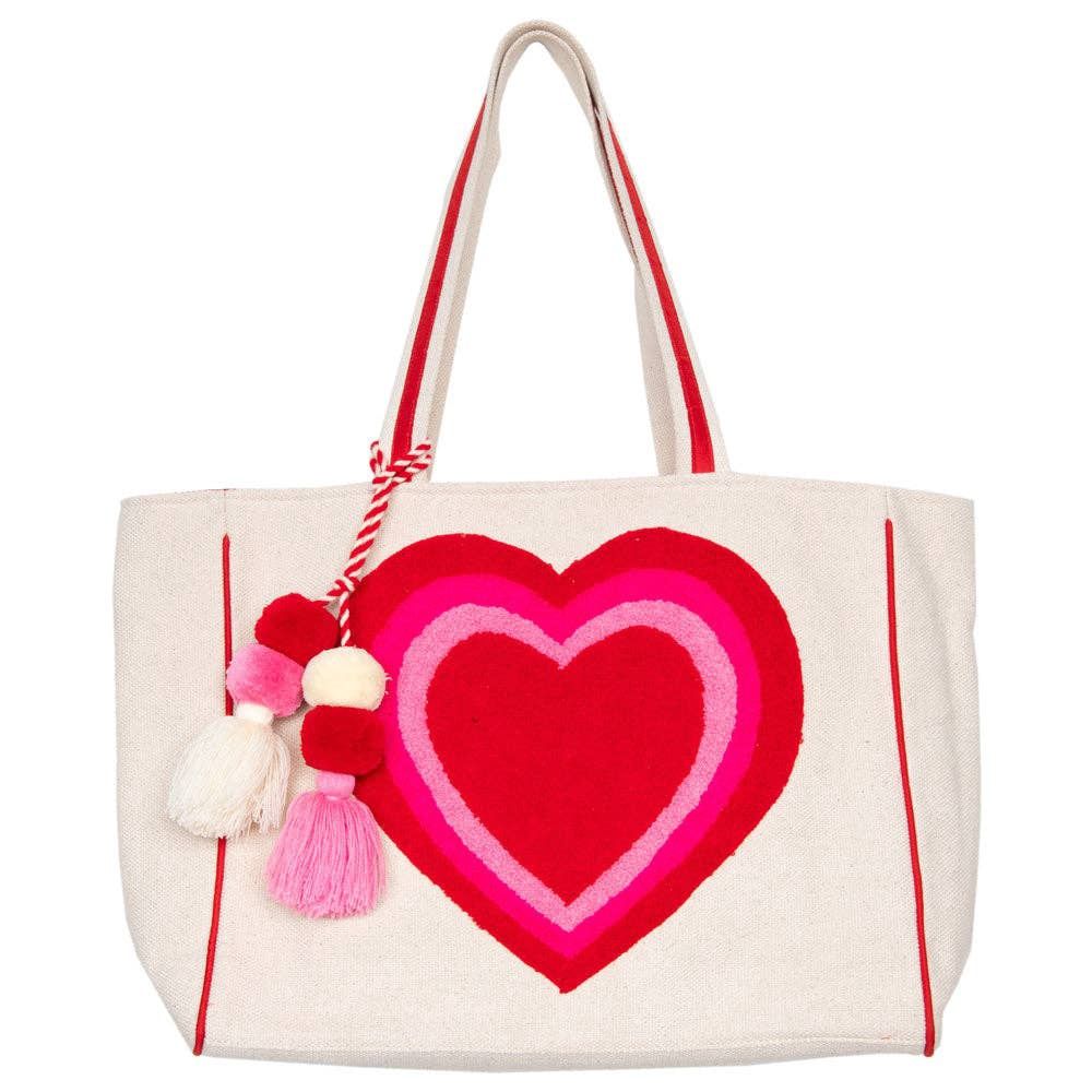 Beating Heart Chenille Beach Bag Tote, Color: Beige Canvas