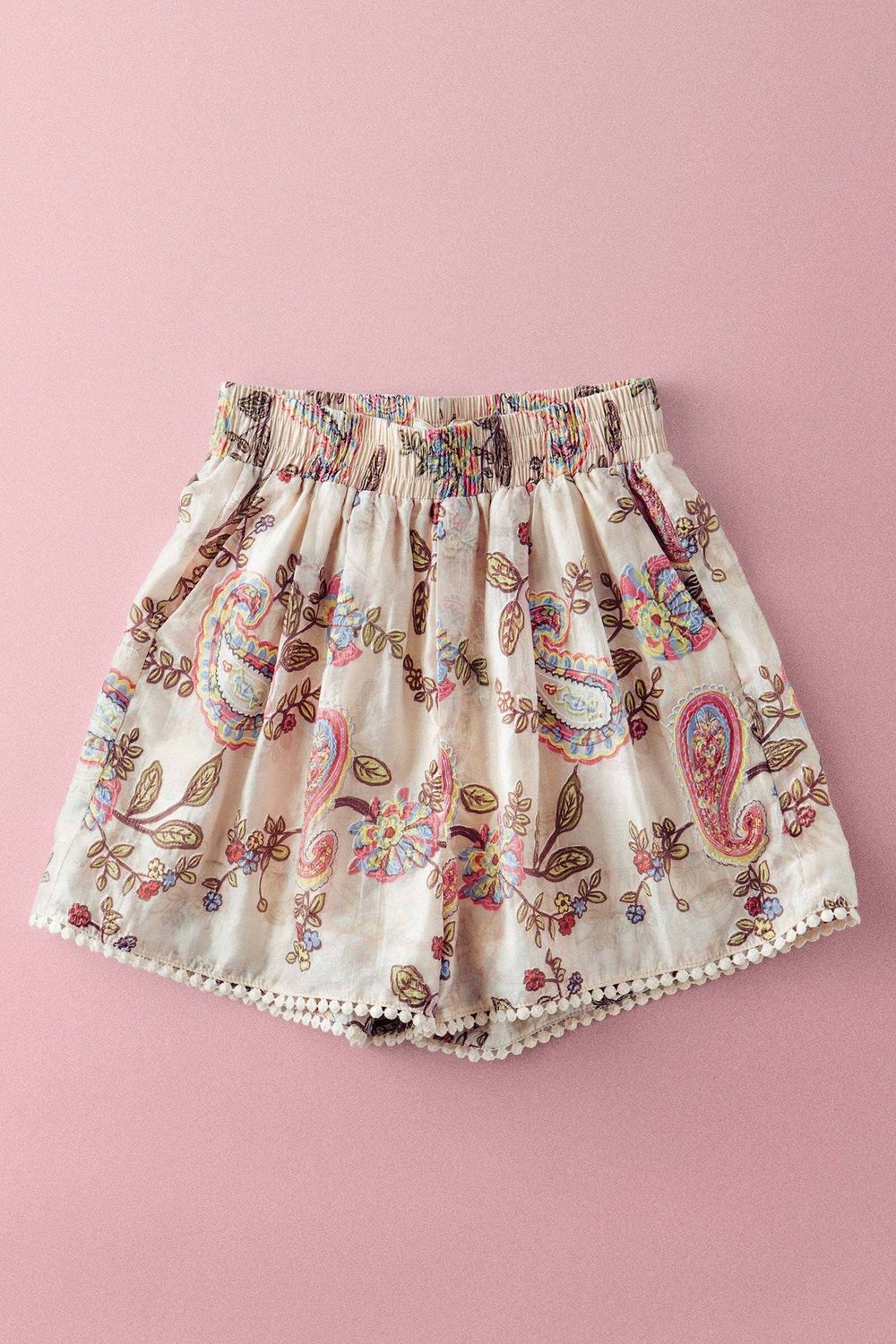 Boho Colorful Paisley Embroidered Smocked Shorts, Size: S