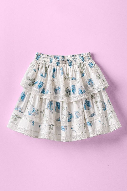 Blue Rose Print Lace Trim Double Tiered Mini Skirt