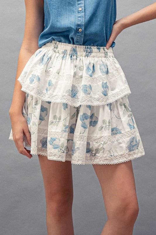 Blue Rose Print Lace Trim Double Tiered Mini Skirt, Color: IVORY, Size: Small