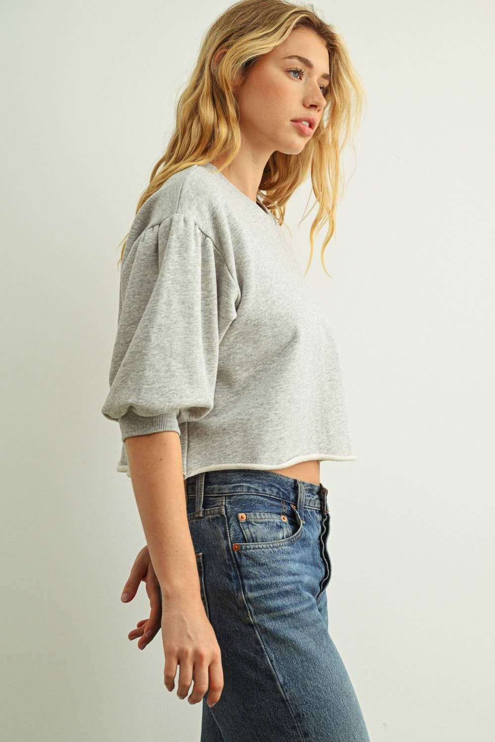 RAW EDGE BOTTOM 3/4 SLEEVE SWEATSHIRTS, Color: HEATHER GREY, Size: M