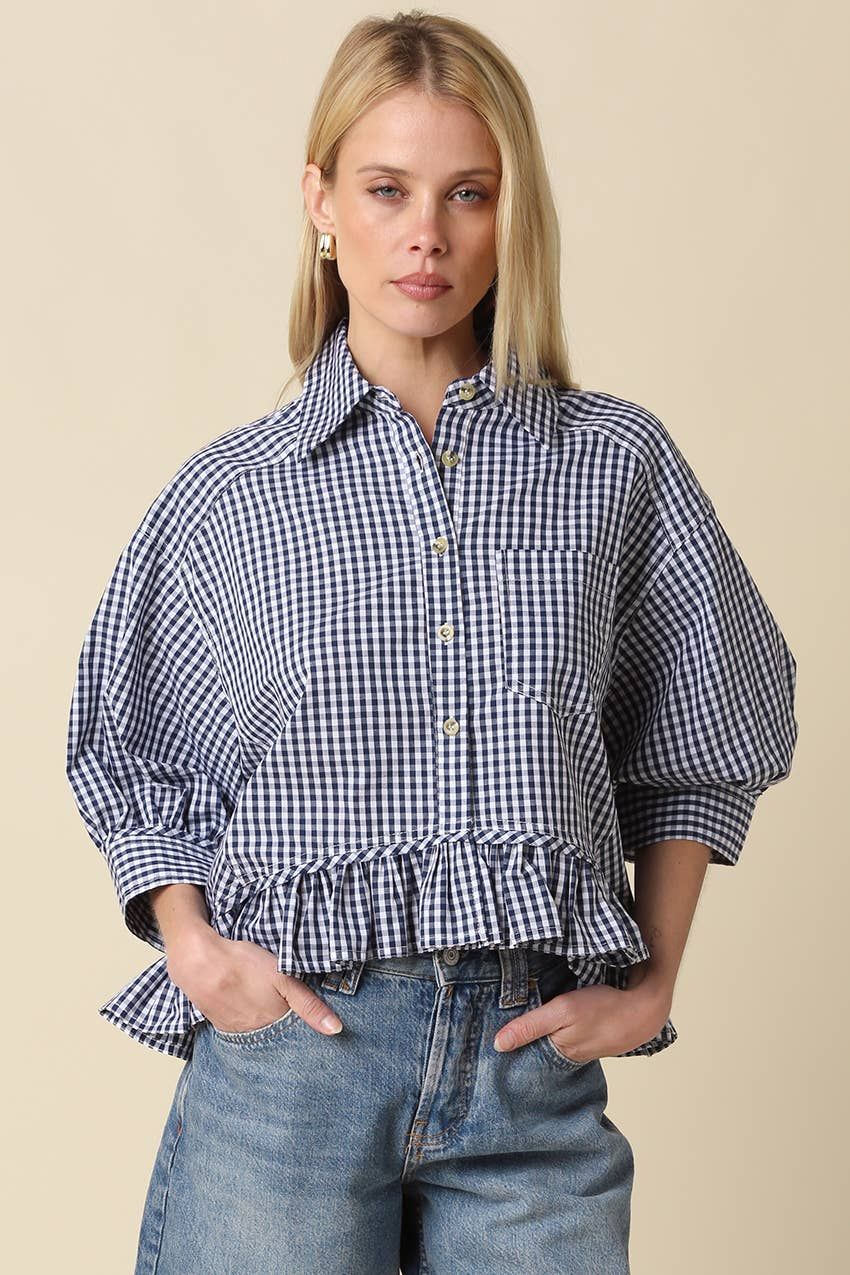 Tara Gingham Ruffle Hem Blouse, Color: Navy White, Size: M