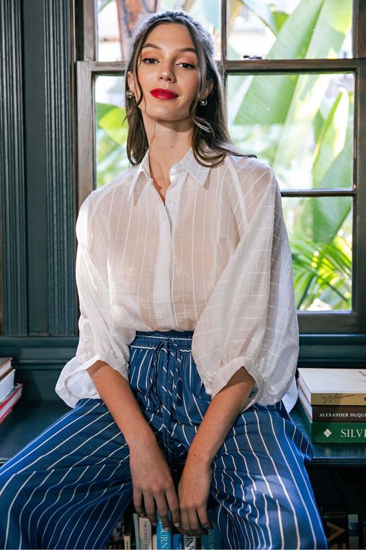 Spring Summer Button Down Sheer Stripe Shirt