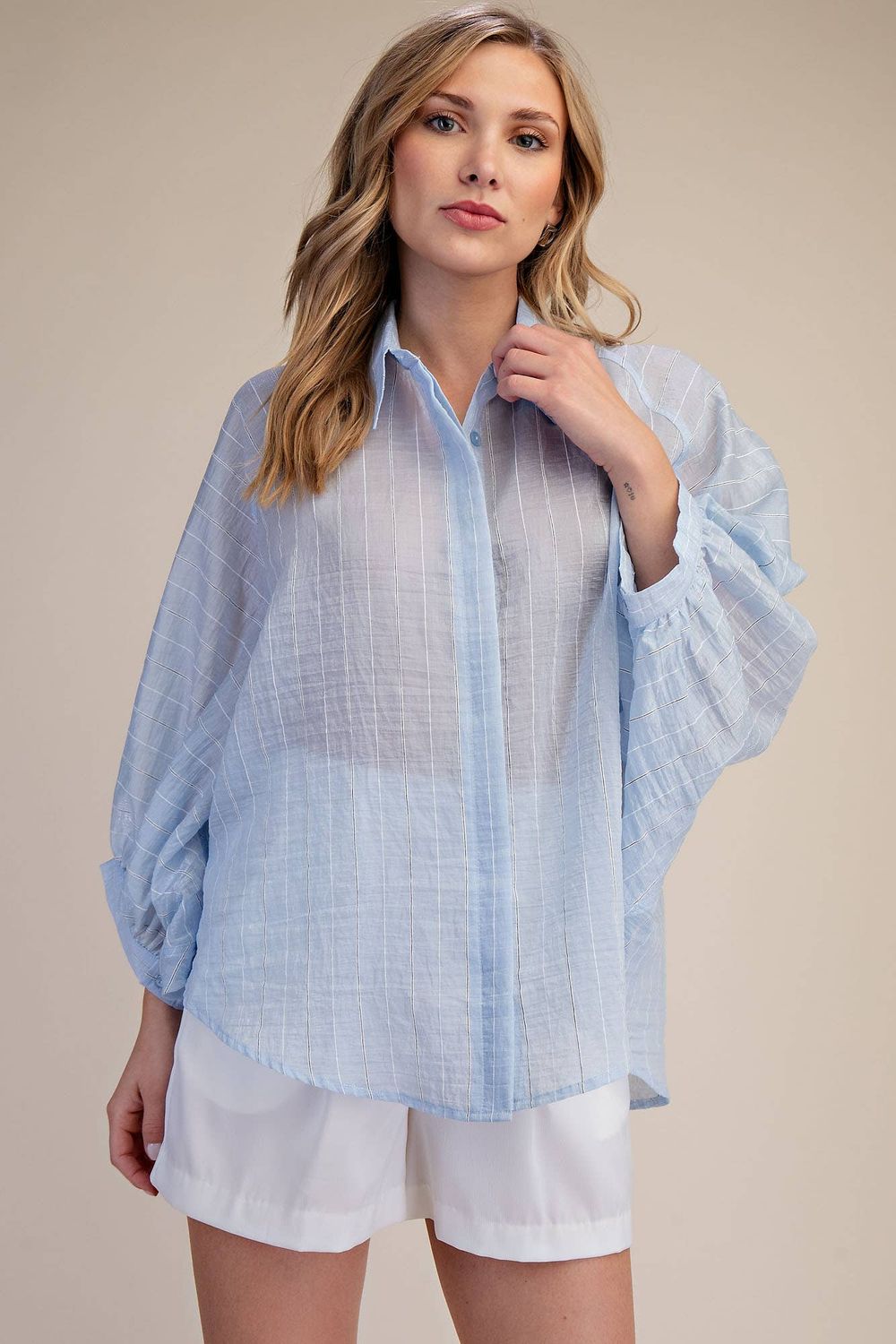 Spring Summer Button Down Sheer Stripe Shirt, Color: Blue, Size: S