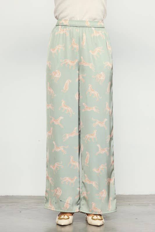 ANIMAL PRINT SATIN PANTS, Color: Sage, Size: XS