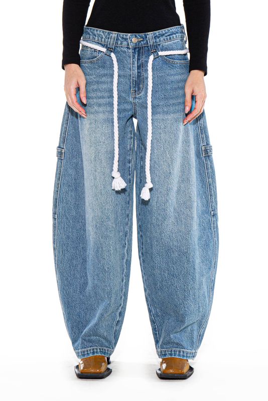 Balloon Wide-Leg Baggy Jeans with Rope Belt