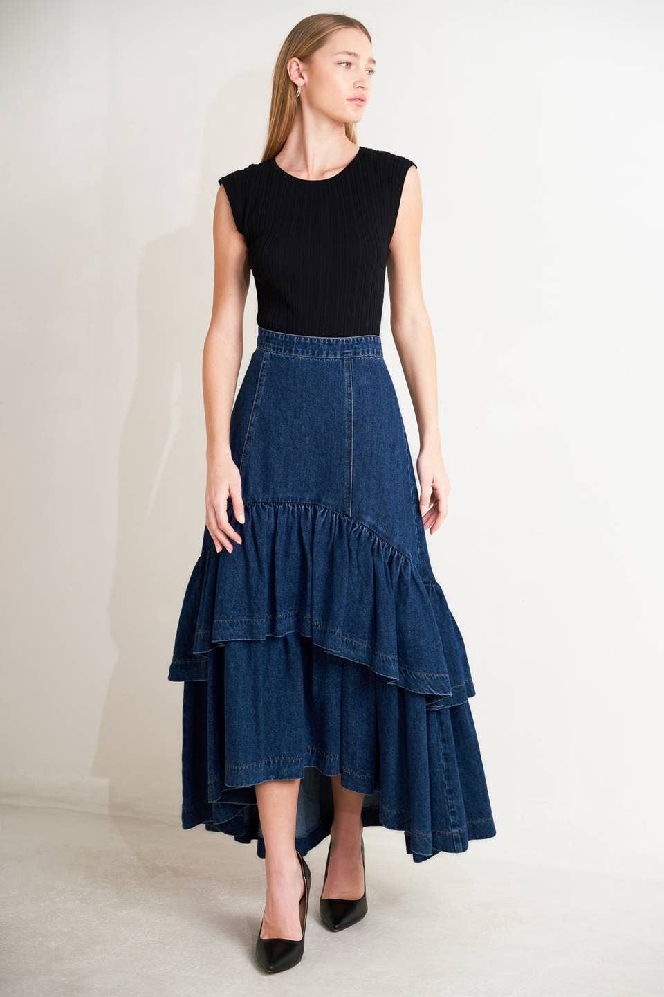Denim Ruffled Maxi Skirt