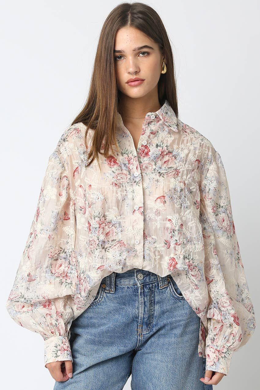 Hadley Floral Shirt, Color: Cream Red Green, Size: S