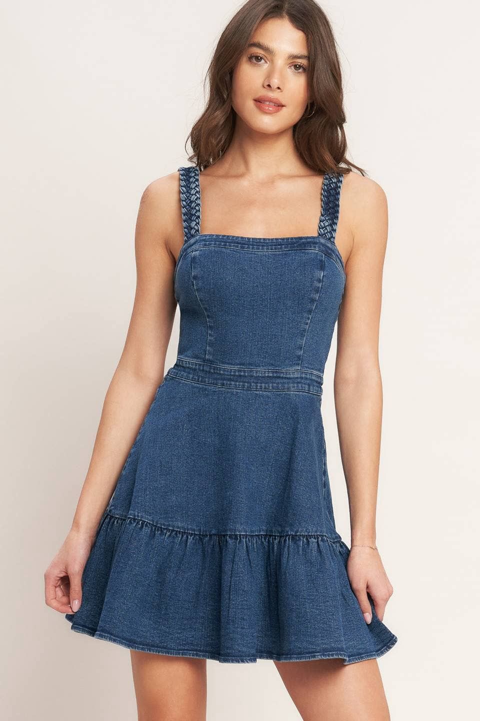 Braided Strap Denim Dress, Color: MEDIUM INDIGO, Fit: Contemporary, Size: S