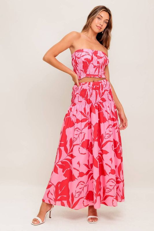 Floral Printed Strapless Top Skirt Set