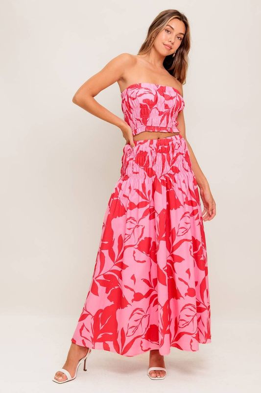 Floral Printed Strapless Top Skirt Set