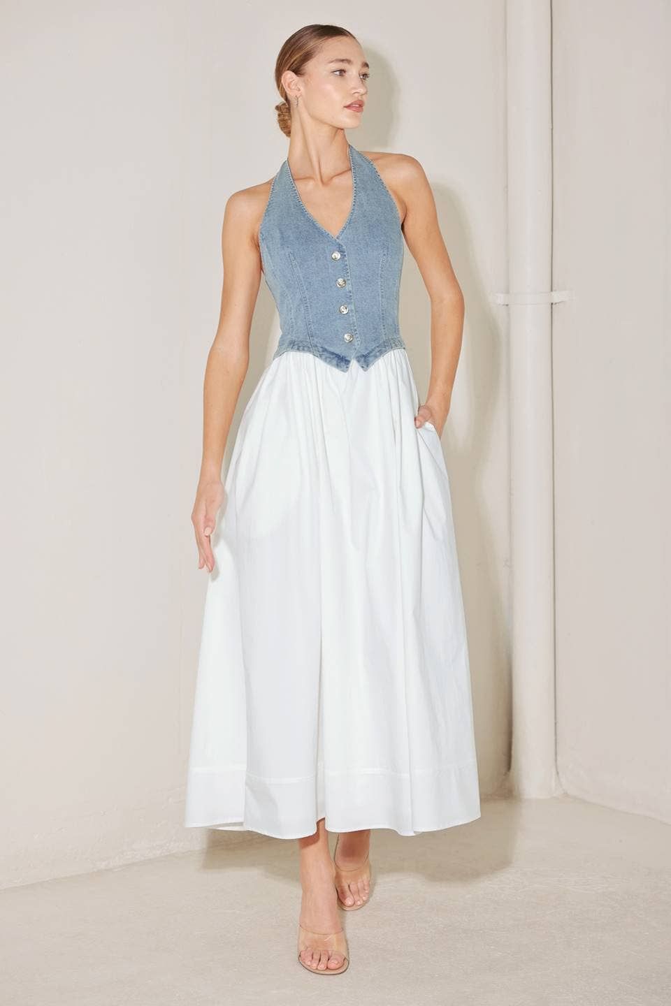 Denim Halter Pocket Dress, Size: L