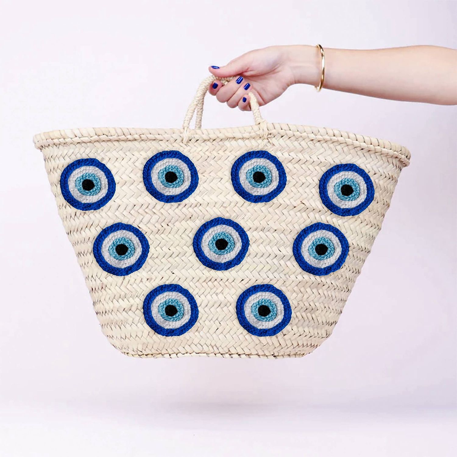 Moroccan Market Basket with Blue Evil Eyes - Handmade Basket, Bag Size: Medium, STYLE LINING: LINING
