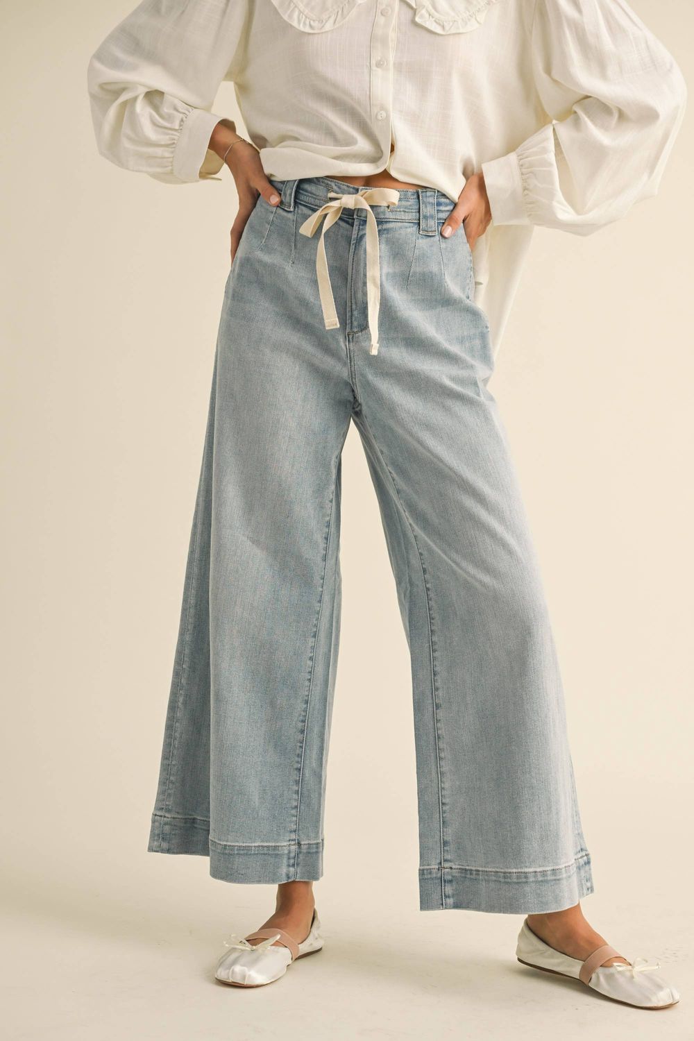 Washed Denim Tie Front Jeans, Color: DENIM, Size: S