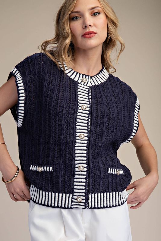 Round Neck Sleeveless Button Down Stripe Vest Sweater