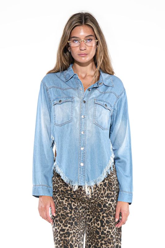 Fringe Hem Cropped Denim Shirt