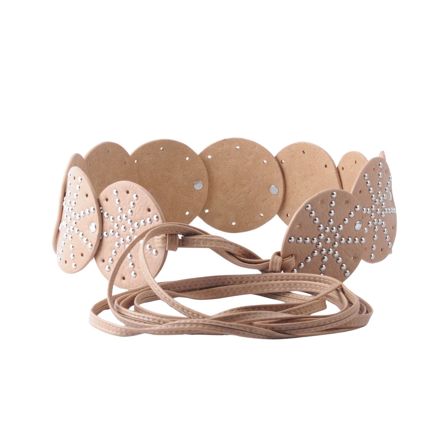 Studded Tie-On Western Disc Leather Belt, Color: Taupe, Size: ML