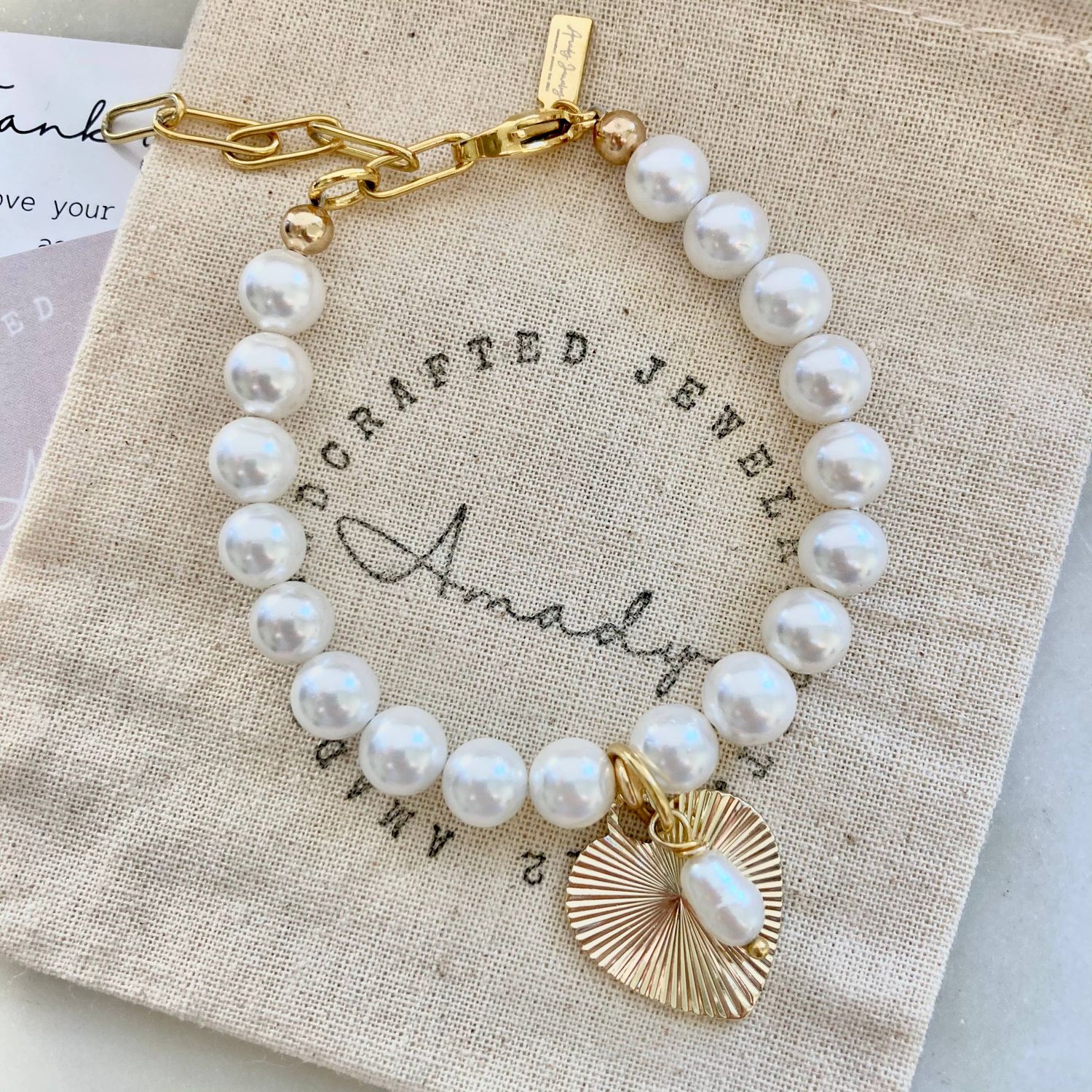 Freshwater pearl gold heart charmed bracelet  coquette