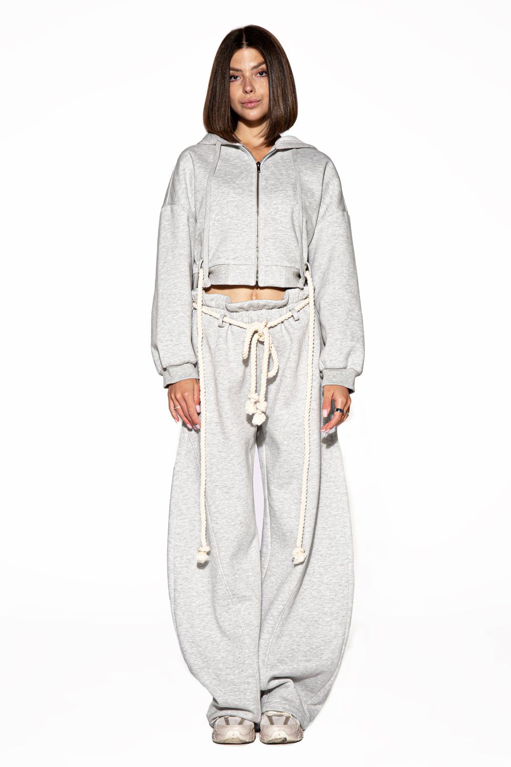 Rope Detail Zip Hoodie &amp; Wide Leg Sweatpant Set, Color: Heather Grey, Size: L