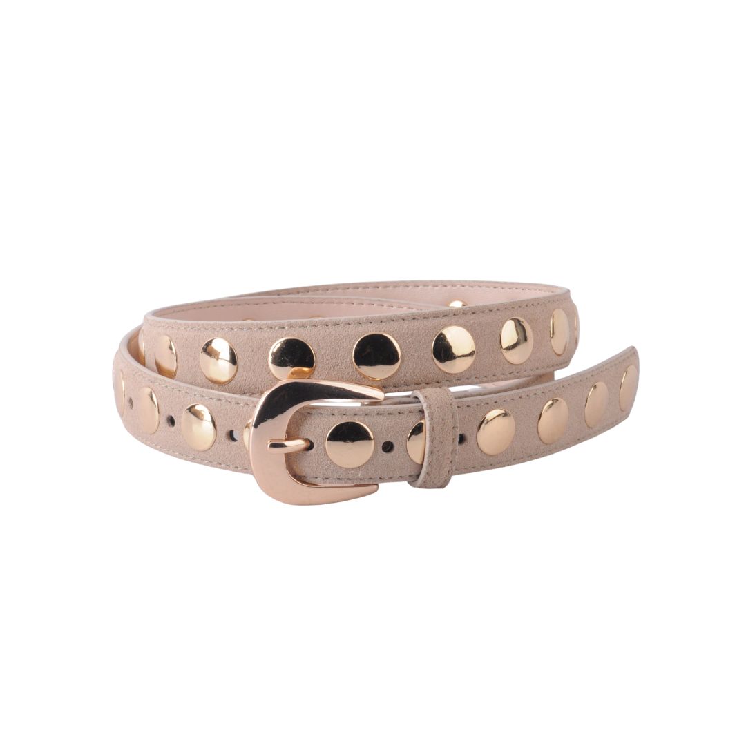 Suede Belt with Wide Studs, Color: Beige, Size: Extra Small