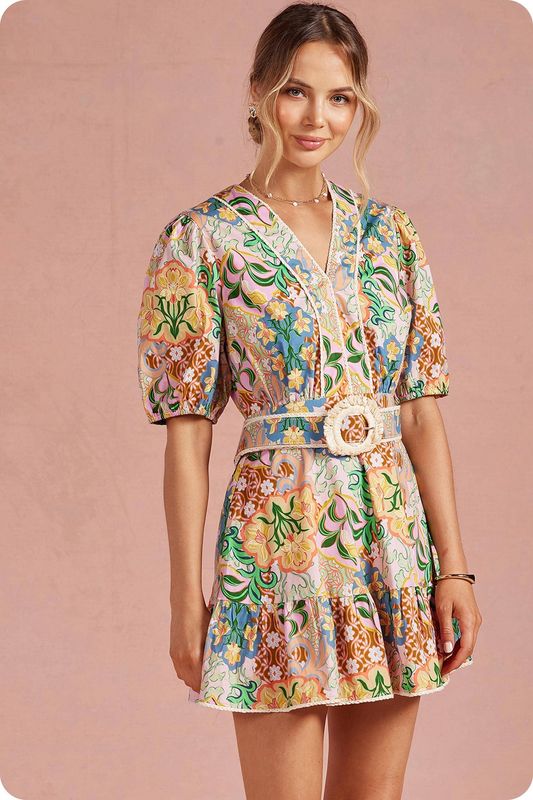 Garden Party Puff Sleeve Belted Mini Dress