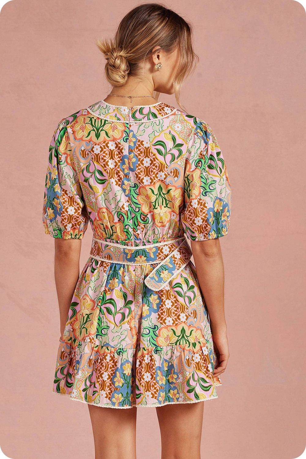 Garden Party Puff Sleeve Belted Mini Dress, Size: M