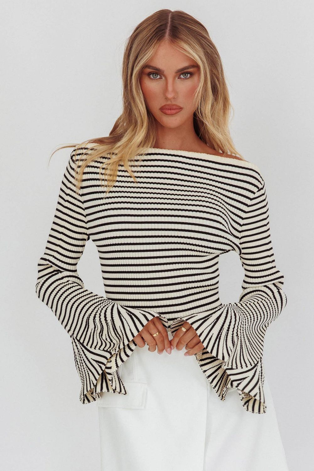 LONG SLEEVE STRIPED SWEATER, Color: WHITE/BLACK, Size: S