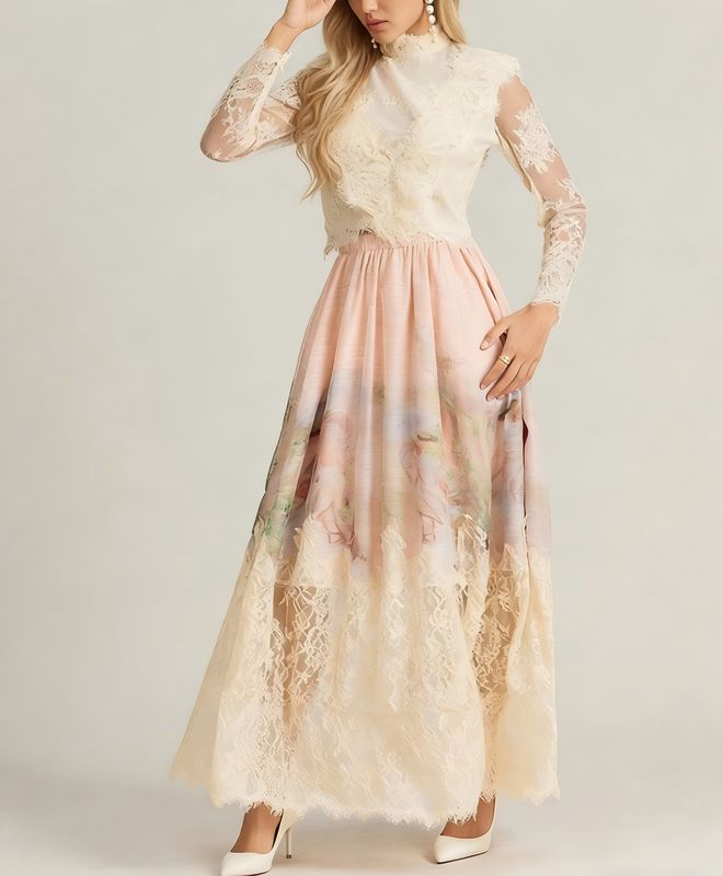 Vintage Printed Lace Top and Skirt Two-Piece Set