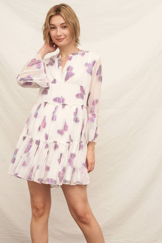 Metallic Butterfly V-Neck Tiered Mini Dress