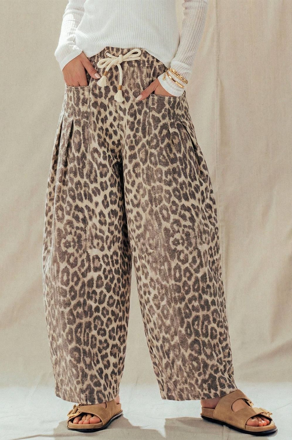 Rope Drawstring Balloon Pants Pleated Front, Color: Cheetah, Size: S