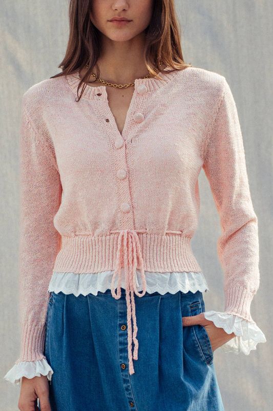 Eyelet Trim Peplum Drawstring Cardigan