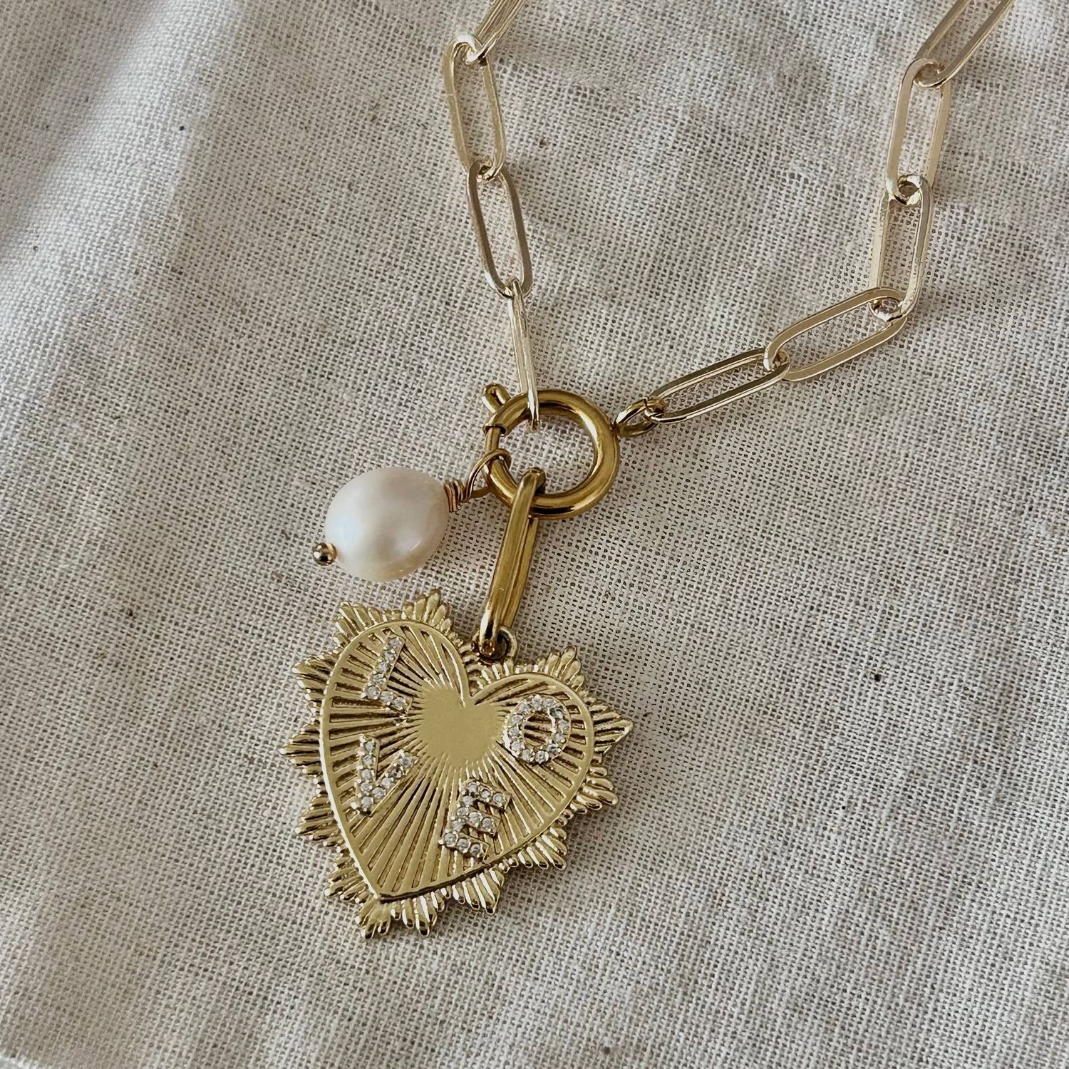 Heart and Pearl Paperclip chain necklace layering statement
