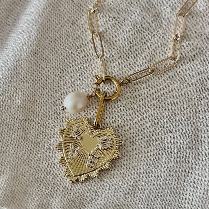 Heart and Pearl Paperclip chain necklace layering statement