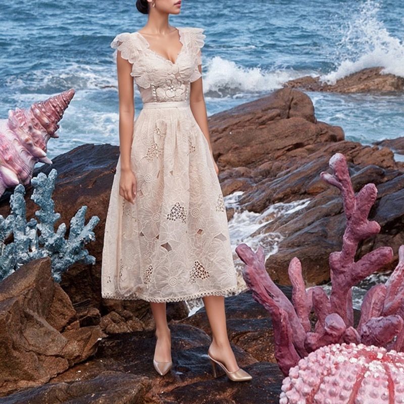Floral Embroidered Lace Dress with Organza Flowers, Color: Cream, Size: S