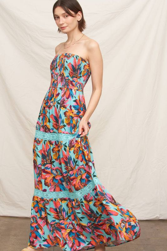 Sleeveless Smocked Floral Print Tiered Maxi Dress