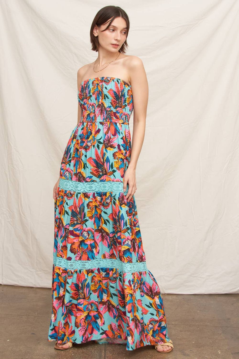 Sleeveless Smocked Floral Print Tiered Maxi Dress, Color: Blue Multi, Size: M