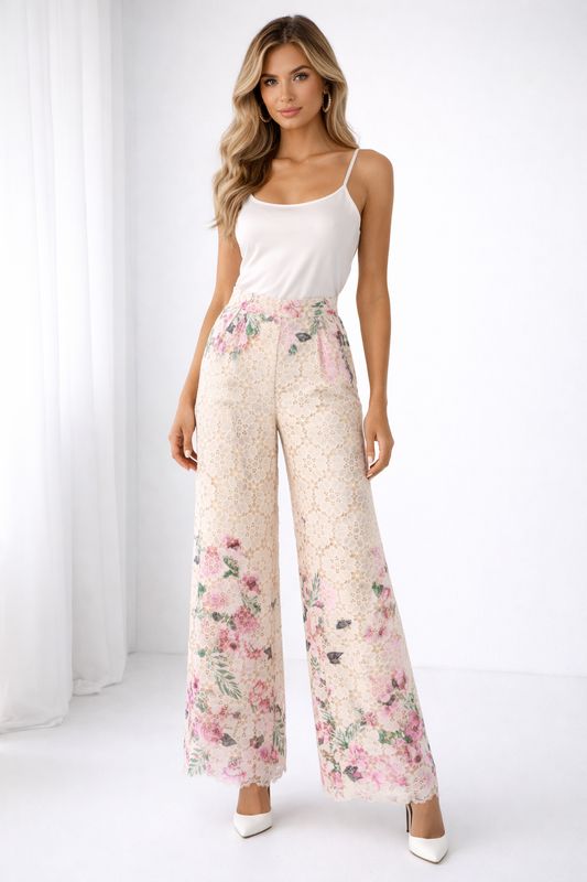 Embroidered Lace Slim Fit Wide Leg Pants