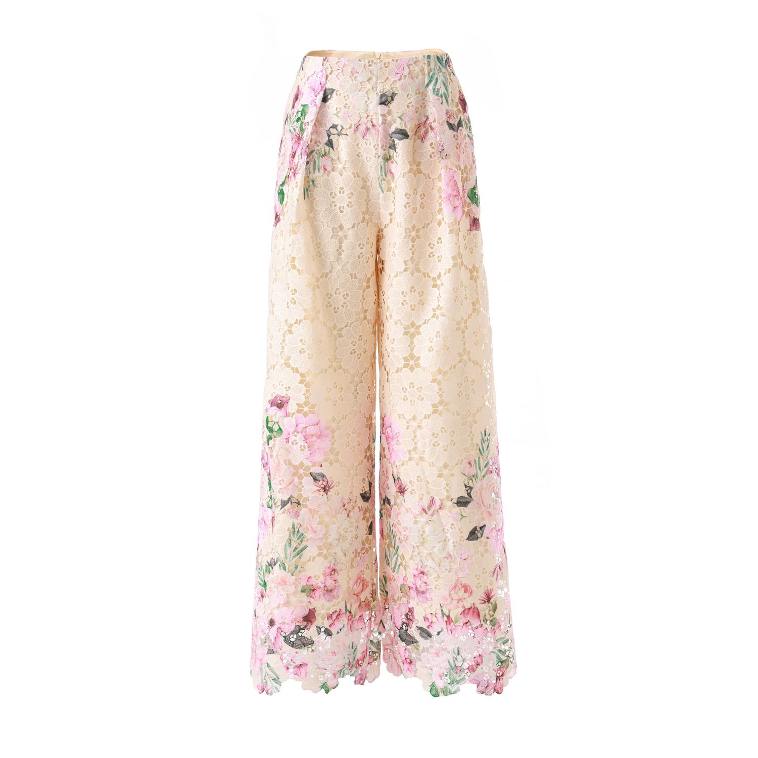 Embroidered Lace Slim Fit Wide Leg Pants, Color: Pink floral, Size: S