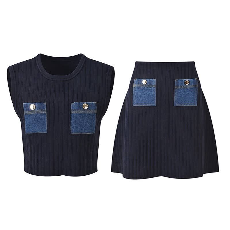 Denim Pocket Knit Vest &amp; Skirt Set for Summer Chic