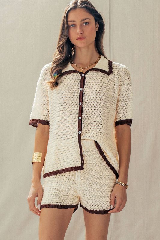Contrast Trim Crochet Knit Two-Piece Set