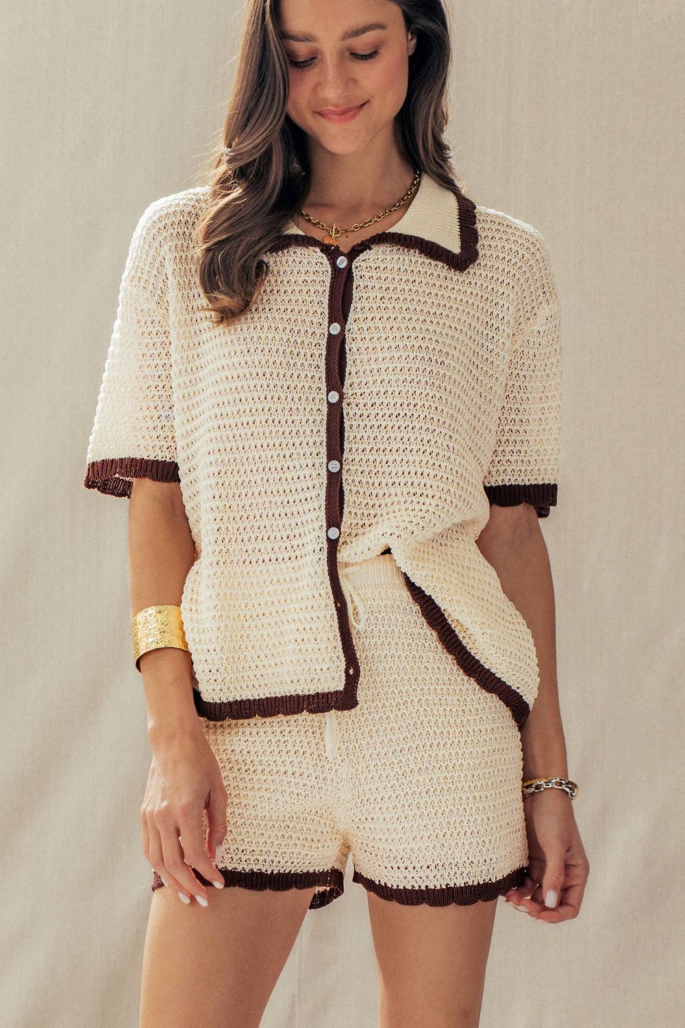 Contrast Trim Crochet Knit Two-Piece Set, Color: IVORY BROWN, Size: Small/Medium