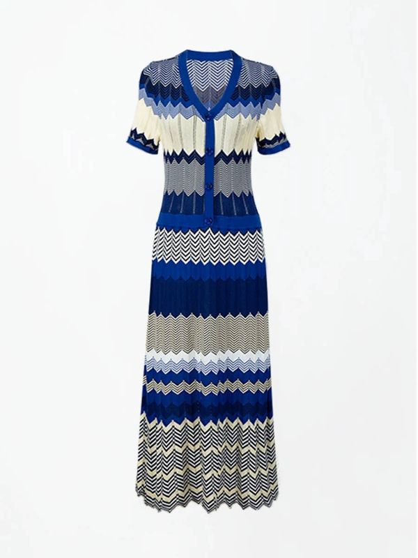 Summer V-neck Striped Sweater and Pleated Skirt Set